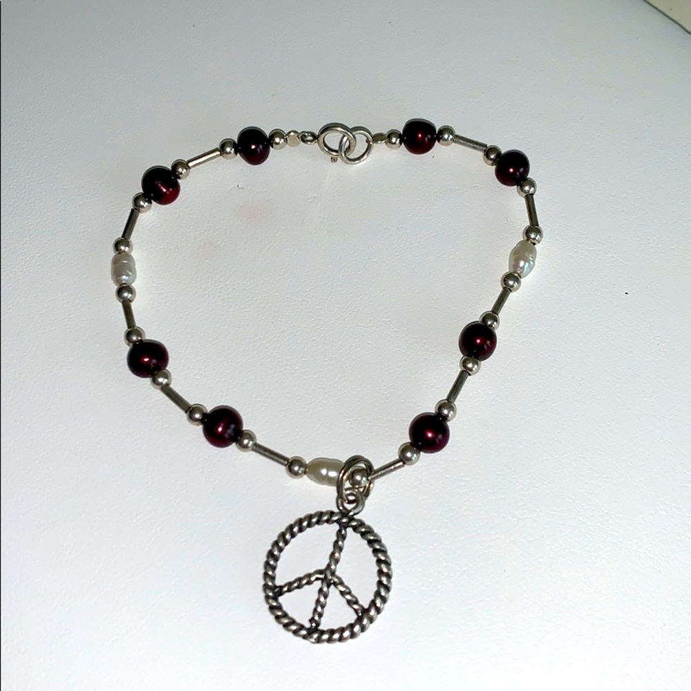 Sterling, freshwater pearls, peace charm bracelet